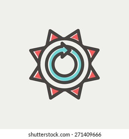 Sun with spiral arrow icon thin line for web and mobile, modern minimalistic flat design. Vector icon with dark grey outline and offset colour on light grey background.
