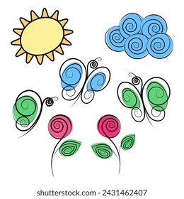 Sun, spiral cloud, butterflies and blooming roses in trendy marker hues. Ser of 7 stylized elements