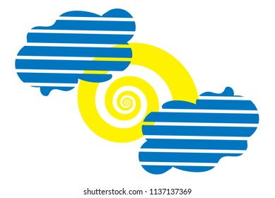 the sun as a spiral and two striped clouds icon, eps 10 vector flat style illustration.