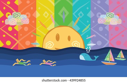 Sun with sporting men swimming in the sea. Abstract cartoons rainbow colors background with sky and whale. Design exotic bohemian style. Environment for earth day.