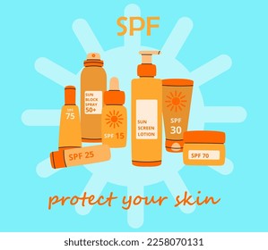 Sun spray. Cartoon SPF cosmetics collection. Sunlight rays block lotion. Sunblock beauty creams. Summer skin care moisturizers. Orange bottles. Ultraviolet protection. Vector illustration