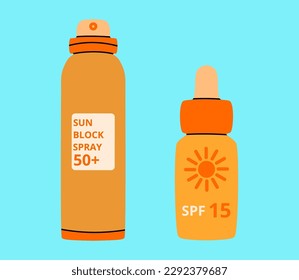 Sun spray. Cartoon SPF lotion. Beach sunblock beauty cosmetic. Summer skin care moisturizing cream. Sprayer and dropper jar. Sunlight protection moisturizer. Vector orange plastic bottles