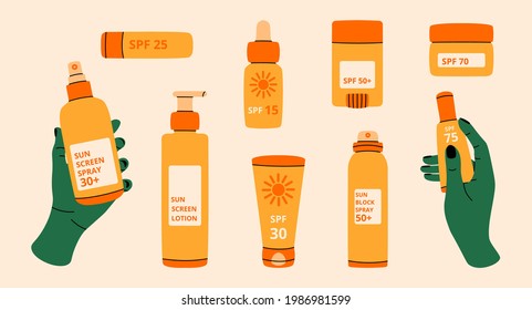 Sun spray. Cartoon SPF sun rays block lotion, beach sunblock beauty cosmetics, summer skin care lotion. Vector isolated collection