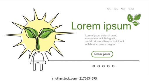 Sun with sprout and plug like a plant in one line drawing. Save energy concept in minimalistic style. Can used for logo, emblem, slide show and banner. Vector illustration