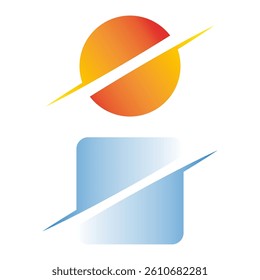 Sun square icon. Orange gradient circle. Blue gradient square. Vector diagonal slash.