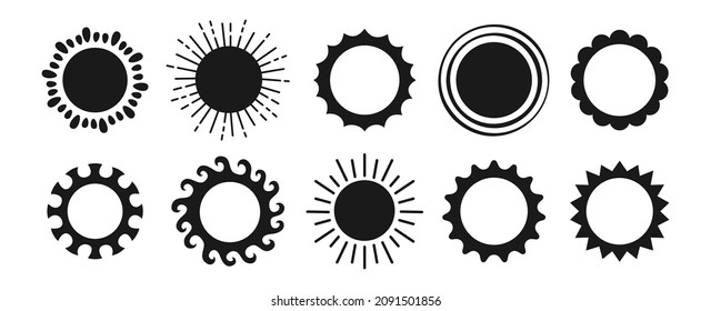 Sonnenstempel, schwarzer Schablonensatz. Sommersymbol Silhouette singt eine glänzende Kollektion. Sonnige Sonne mit Sonnenliegen. Einzeln abstrakte, sonnige, einfache Comic-Clipkunst. Vektorgrafik, weißer Hintergrund