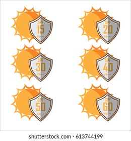 Sun of stamps with SPF 15,20,30,40,50,60,PA+++, on white background vector illustration