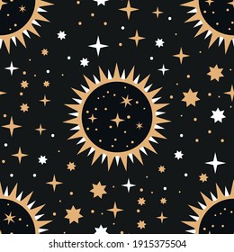 Sun and star astronomy planet space seamless pattern. Vector galaxy background. Astrology night space graphic