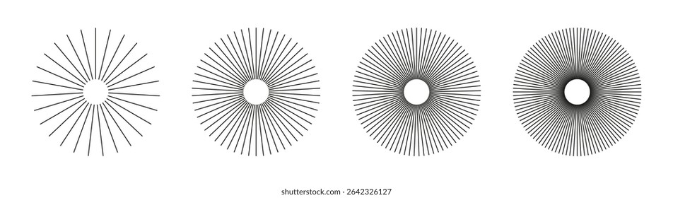 Sun star burst, rays. Circulars lines beams. Circle radial radiation lines. Spokes with radiating stripes grid. Abstract geometric pattern.