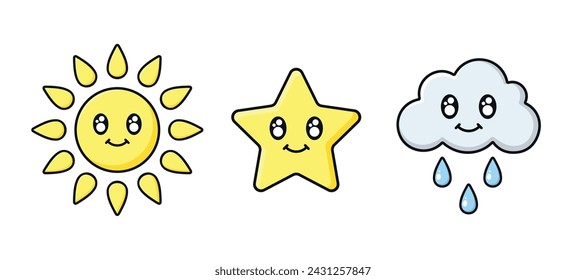 Personajes sonrientes kawaii de sol, estrella y nube. Colección de elementos en estilo de dibujos animados con caras sonrientes y contorno negro.