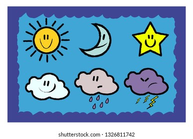 sun star cloud moon smiling vector cartoon