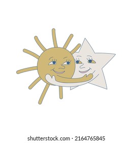 Sun and star embrace isolated vector illustration. Cute element for design, cards, cover etc.
