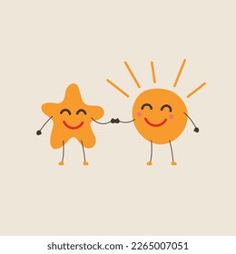 Sun and star, friends logo. Friendship, help and care flat icon. Cartoon vector smiling happy characters sun and star