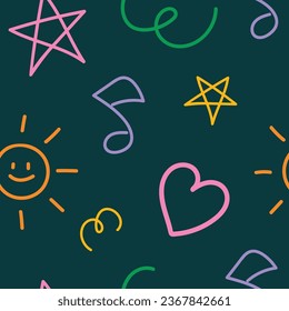 Sun, star, heart and music abstract hand drawn seamless pattern background for wrapping, wallpaper, backdrop