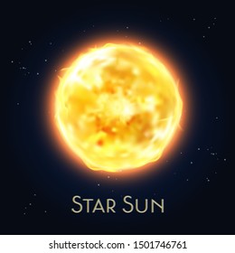Sun star icon. Flare or fire of solar system helium sphere. Red or orange corona of cosmos or universe, galaxy heating object. Astronomy and science, energy and cosmic, sunshine theme