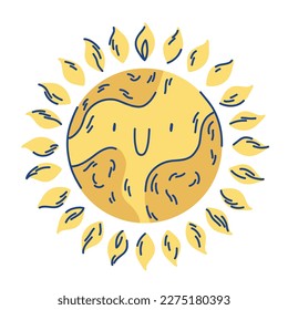 Sun star illustration, round character with a smile and rays on a white background