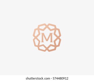 Sun star letter M vector neat logotype. Luxury flower frame gem logo. 
