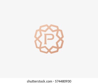 Sun star letter P vector neat logotype. Luxury flower frame gem logo. 