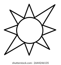 Sun star with light rays thin line icon, cosmos concept. Vector graphics. Space star shape sign on white background, style mobile or design