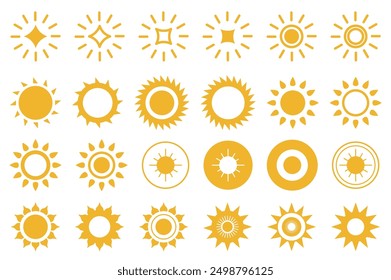 Sun and star mega set elements in flat graphic design. Bundle icons of yellow silhouette symbols of weather stickers, hot, light, sunlights and sunny bright in different shapes. Vector illustration.