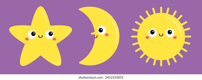 Sun, star, moon icon set line. Cute cartoon kawaii funny baby character. Smiling face emotion. Yellow color. Educational cards for kids. Childish style. Flat design. Isolated. Violet background Vector