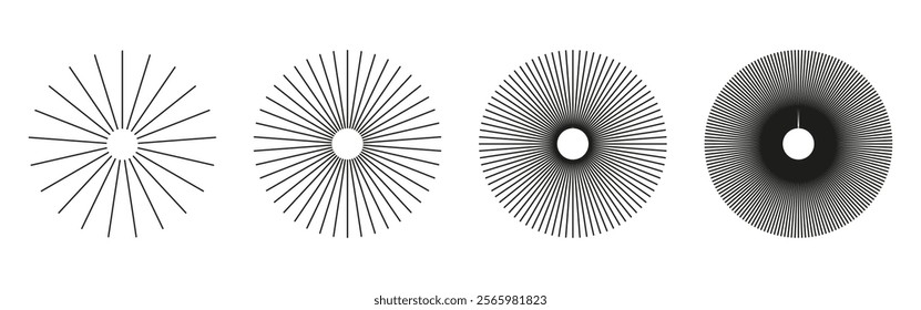 Sun star rays, burst mockup. Radial circle radiation lines template. Spokes with radiating stripes flat grid. Circulars lines beams. Abstract illusion geometric pattern. Minimalist graphic icons.