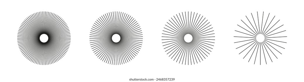 Sun star rays, burst. Radial circle radiation lines. Circulars lines beams. Spokes with radiating stripes grid. Vector graphic. Abstract illusion geometric pattern.