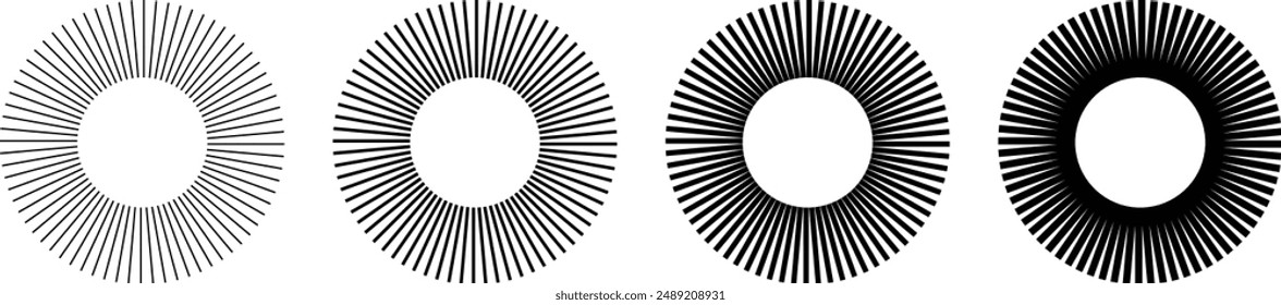 Sun star rays, burst. Radial circle radiation lines. Circulars lines beams. Spokes with radiating stripes grid. Vector graphic. Abstract illusion geometric pattern.