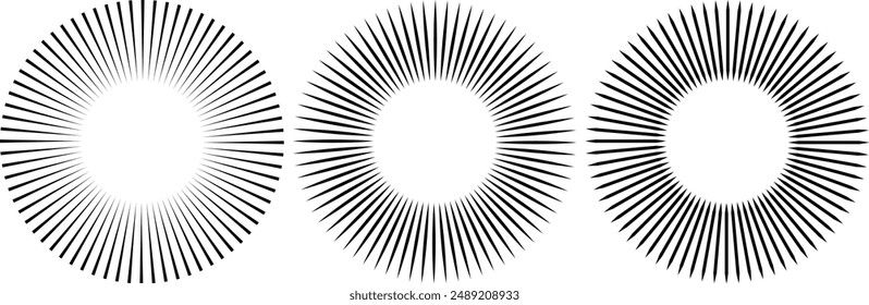 Sun star rays, burst. Radial circle radiation lines. Circulars lines beams. Spokes with radiating stripes grid. Vector graphic. Abstract illusion geometric pattern.