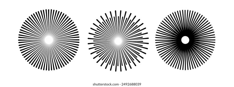 Sun star rays, burst. Radial circle radiation lines. Sun star rays, burst.  Circulars lines beams. Spokes with radiating stripes grid. Vector graphic. Abstract illusion geometric pattern.