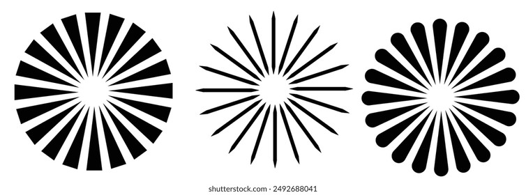 Sun star rays, burst. Radial circle radiation lines. Sun star rays, burst.  Circulars lines beams. Spokes with radiating stripes grid. Vector graphic. Abstract illusion geometric pattern.