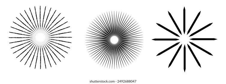 Sun star rays, burst. Radial circle radiation lines. Sun star rays, burst.  Circulars lines beams. Spokes with radiating stripes grid. Vector graphic. Abstract illusion geometric pattern.