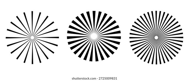 Raios solares, estourados. Linhas de radiação de círculo radial. Raios solares, estourados.  Vigas de linhas circulares. Fala com a grade de listras irradiantes. Gráfico vetorial. Padrão geométrico de ilusão abstrata.