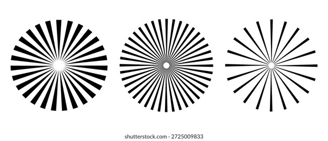 Raios solares, estourados. Linhas de radiação de círculo radial. Raios solares, estourados.  Vigas de linhas circulares. Fala com a grade de listras irradiantes. Gráfico vetorial. Padrão geométrico de ilusão abstrata.