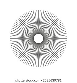 Raios solares, estourados. Fala com a grade de listras irradiantes. Linhas de radiação de círculo radial. Vigas de linhas circulares. Gráfico minimalista. Padrão geométrico de ilusão abstrata isolado em um fundo branco.