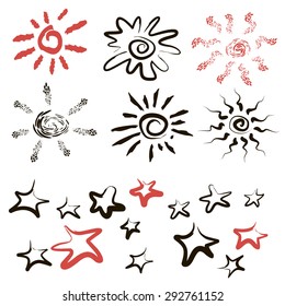 Sun. Star. Stylized vector image. Red, black. White background.
Collection, set.