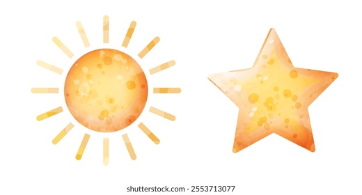 Sun and star. Vector watercolor stylized cute illustration of celestial bodies