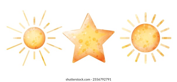 Sun and star. Vector watercolor stylized cute illustration of celestial bodies