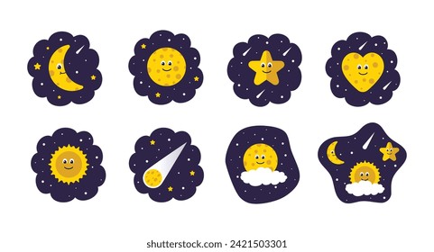 Sun, star,moon, comet isolated on white background. Cute space clipart set. Hand drawn vector illustration