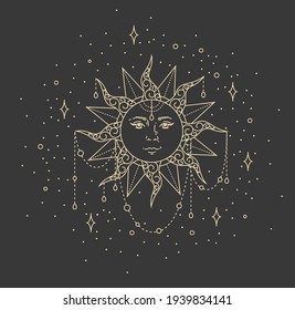 Sun and stars in antique style line art and dotwork vector