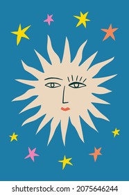 Sun and stars boho naive funky handdrawn style art