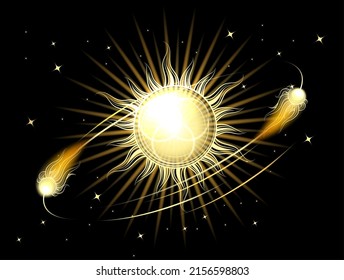 Sun stars and Comets Esoteric Symbols on black background. Vintage vector Illustration in Engraving Style