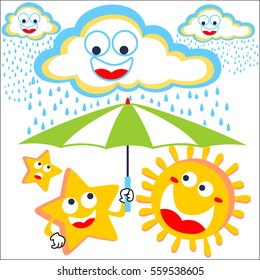 Sun And Stars Hide Behind An Umbrella To Avoid The Rain Clouds Vector Illustration