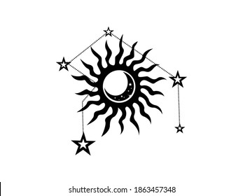 Sun and stars Icon Vector illustration. Boho Witch and Magic symbol. moon mystic art sign, emblem isolated on white background, Flat style for graphic and web design, logo, sticker, tattoo
