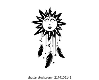 Sun and stars Icon Vector illustration. Boho Witch and Magic symbol. mystic art sign, emblem isolated on white background, Flat style for graphic and web design, logo, Dream Catcher, sticker, tattoo