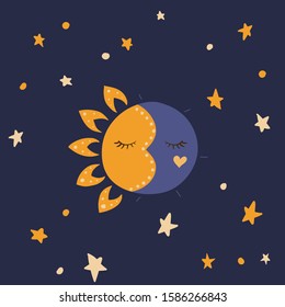 Sun, stars and moon. Vector illustration. Night and day sky. Blue background.