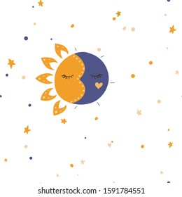Sun, stars and moon. Vector illustration. Seamless pattern background.