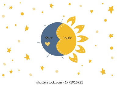Sun, stars and moon. Vector illustration. Night and day sky.
