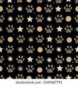 Sun, stars and paw prints. Seamless fabric design pattern