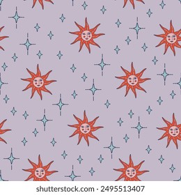 El sol y las estrellas sin patrón vintage. Fondo de diseño retro con sol místico y estrellas sobre fondo púrpura. Adorno de rombo astrológico. Ilustración vectorial dibujada a mano
